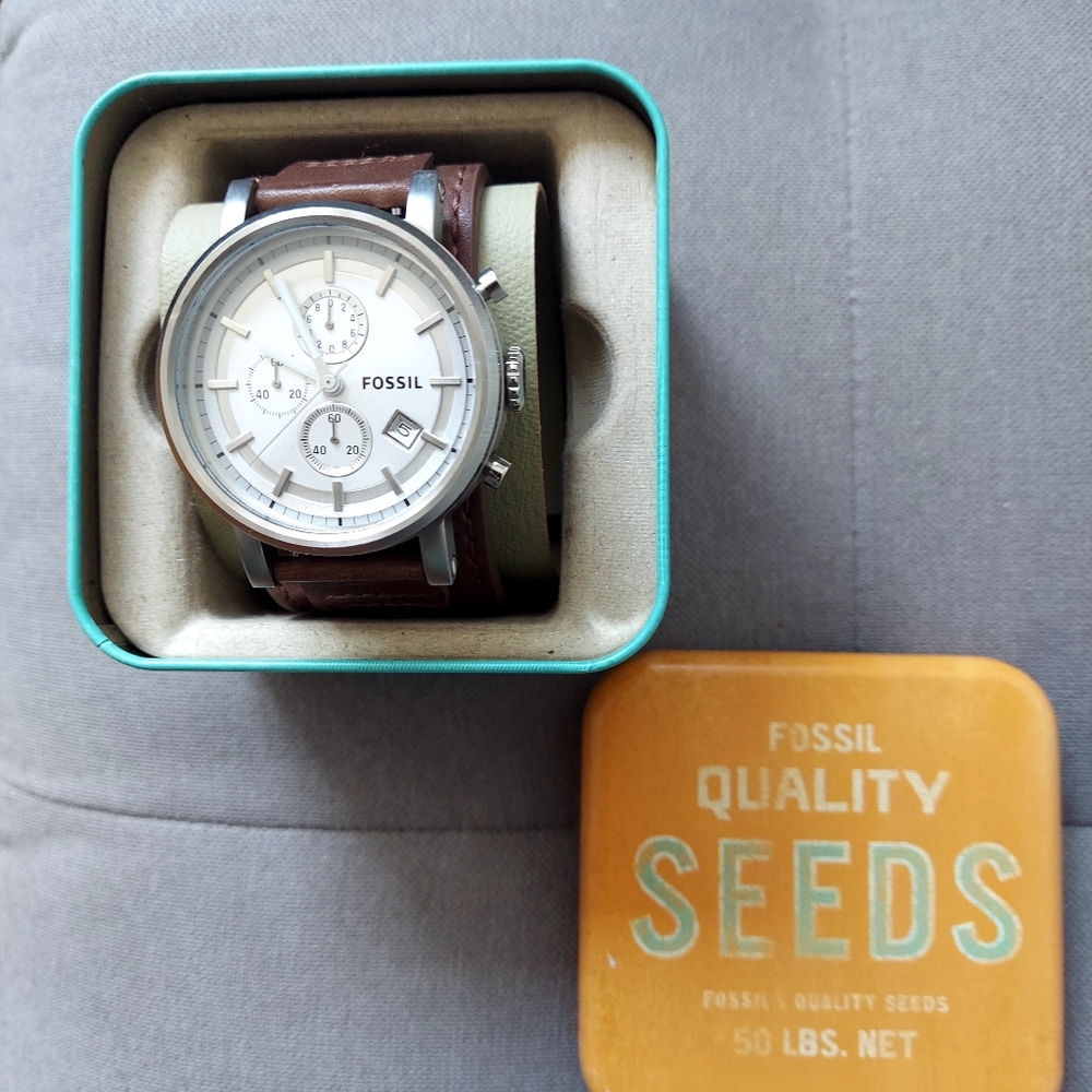 Fossil Men's Silver Dial Chronograph Watch with Brown Leather Strap